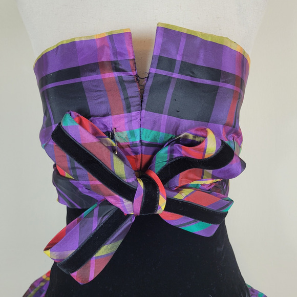 VTG Victor Costa Dress Womens 2 XS Velvet Plaid Strapless Bow Party Colorful 80s - Picture 7 of 13